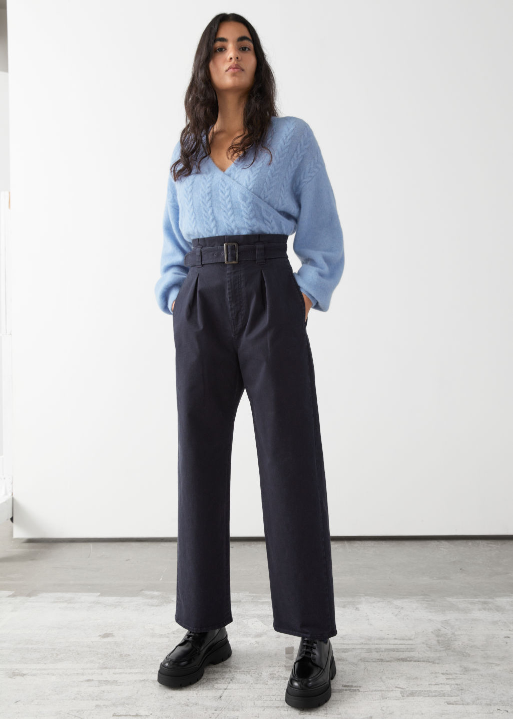 Belted Relaxed Cotton Trousers - Dark Blue - Trousers - & Other Stories