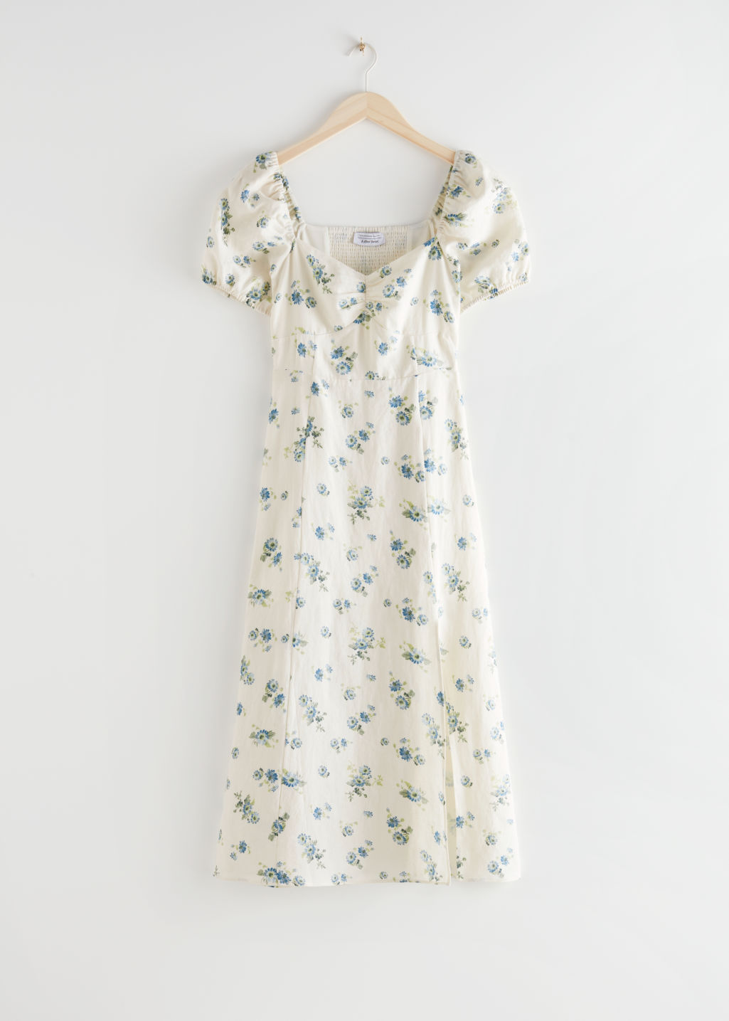 Puff Sleeve Linen Midi Dress - White Florals - Midi dresses - & Other Stories