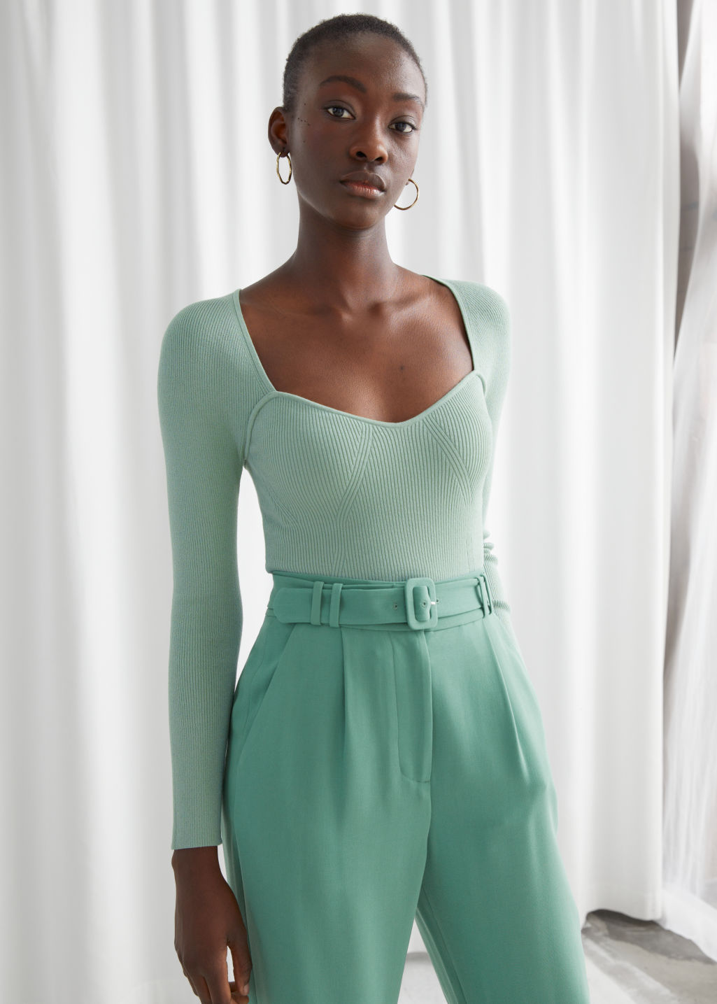 Fitted Cropped Sweetheart Neck Rib Top - Light Green - Sweaters - & Other Stories