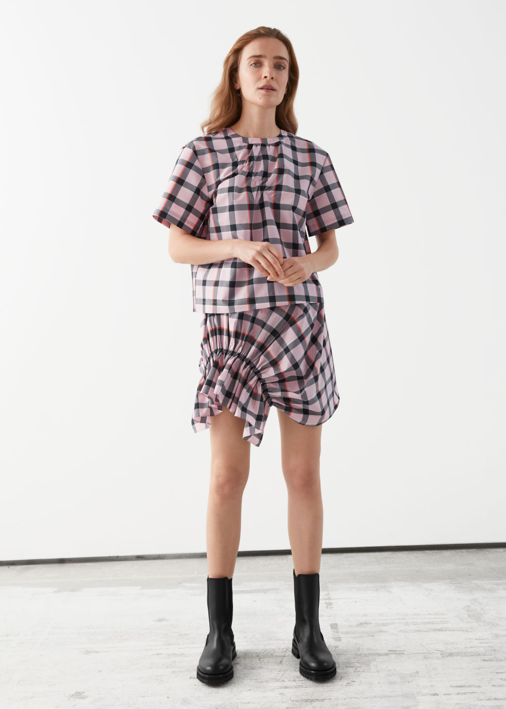 Gathered Asymmetrical Check Mini Skirt - Pink Checks - Mini skirts - & Other Stories
