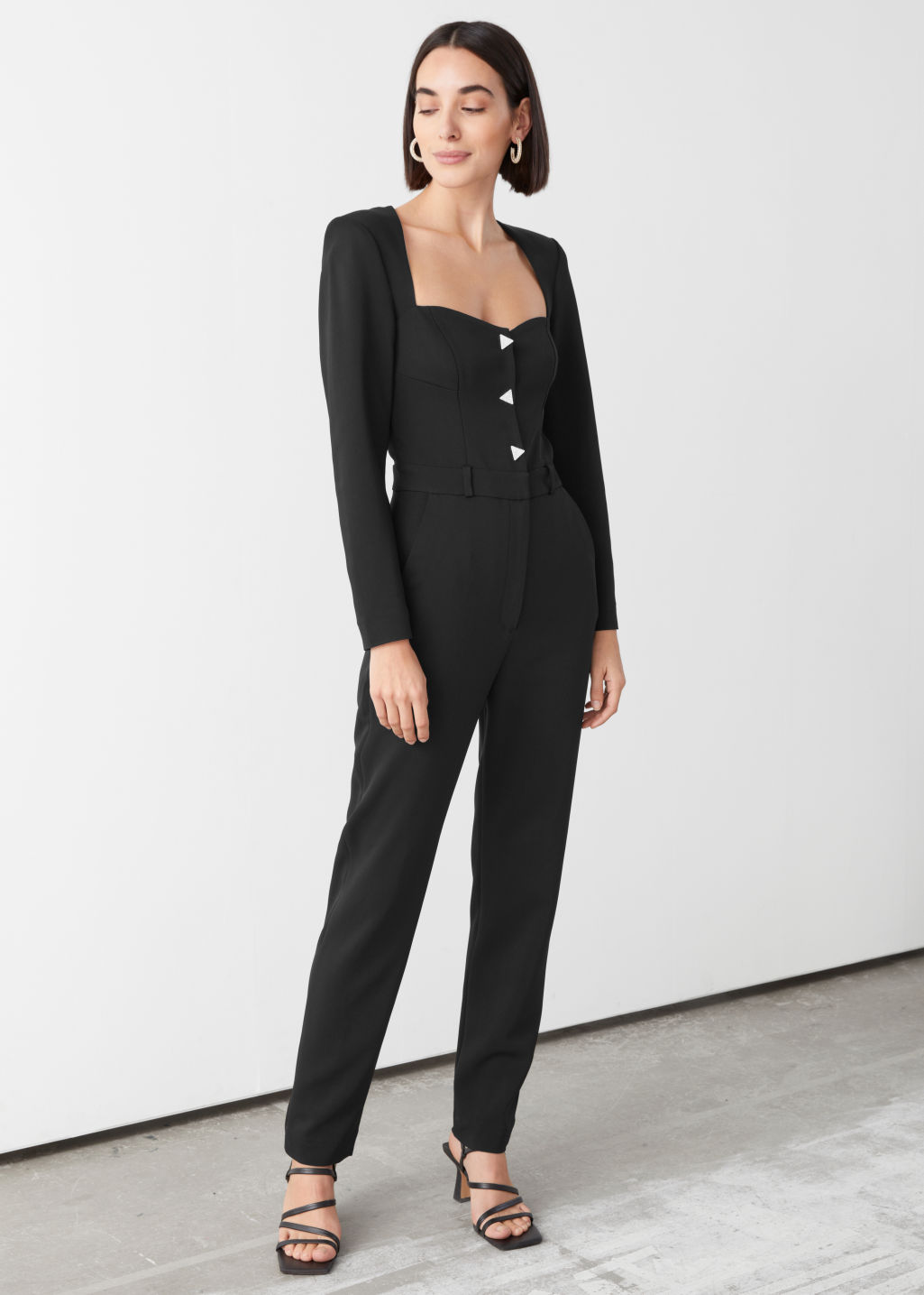 Padded Shoulder Sweetheart Neckline Jumpsuit - Black - Jumpsuits & Playsuits - & Other Stories - Click Image to Close