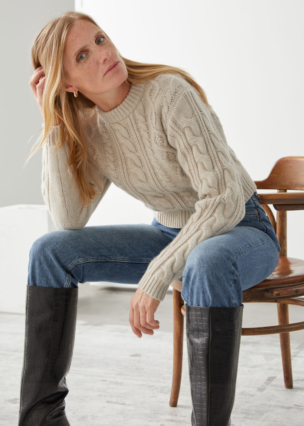 Short Fitted Cable Knit Jumper - Light Beige - Sweaters - & Other Stories - Click Image to Close