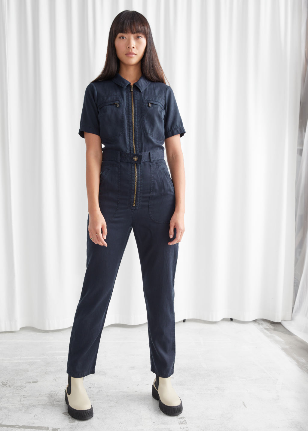 Fitted Belted Short Sleeve Jumpsuit - Dark Blue - Jumpsuits & Playsuits - & Other Stories - Click Image to Close