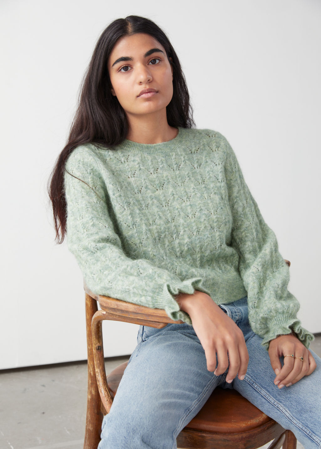 Alpaca Blend Ruffled Cable Knit Sweater - Light Green - Sweaters - & Other Stories - Click Image to Close