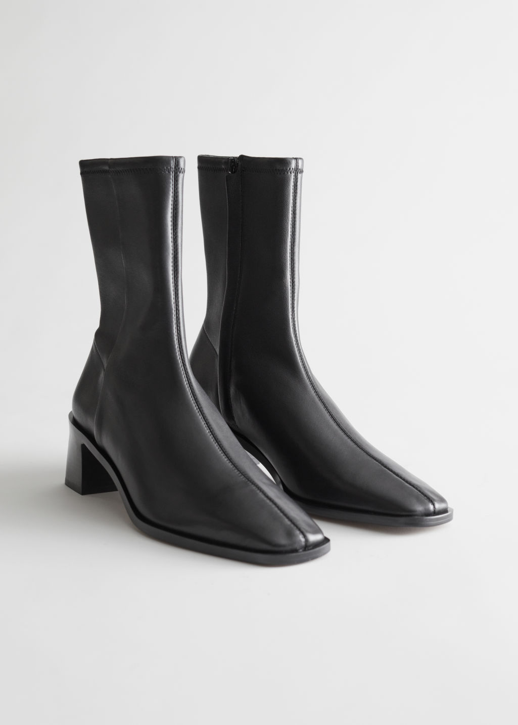 Squared Toe Leather Sock Boots - Black - Ankleboots - & Other Stories