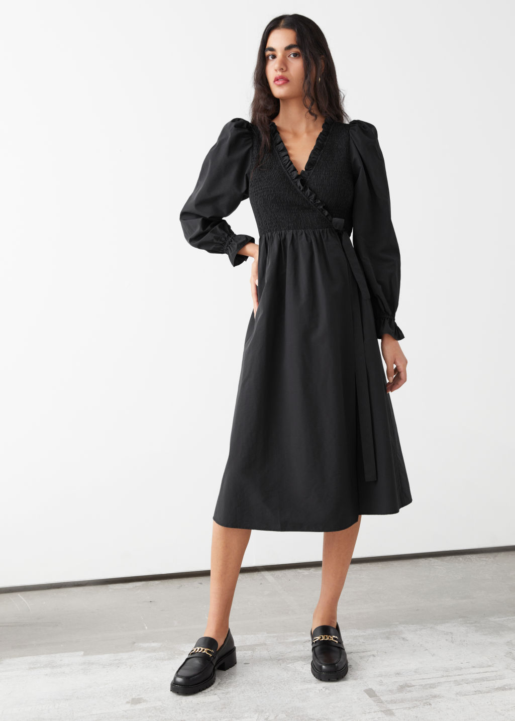 Smocked Ruffle Midi Dress - Black - Midi dresses - & Other Stories