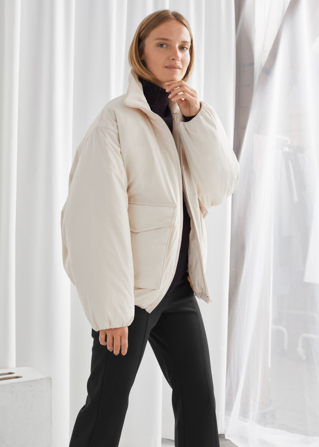 Boxy Padded High Collar Jacket - Light Beige - Jackets - & Other Stories - Click Image to Close