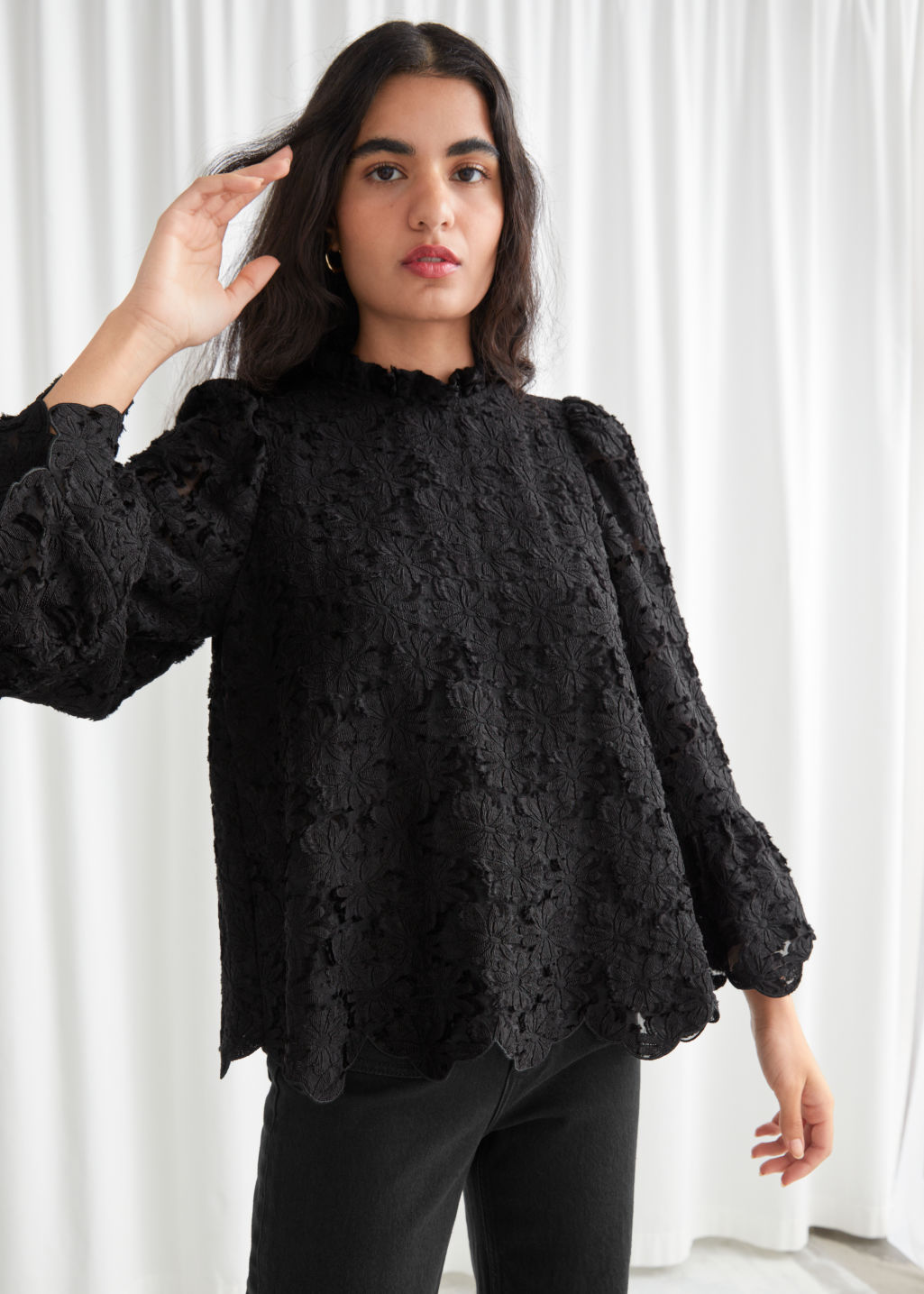 Relaxed Embroidered Scallop Bow Blouse - Black - Blouses - & Other Stories - Click Image to Close
