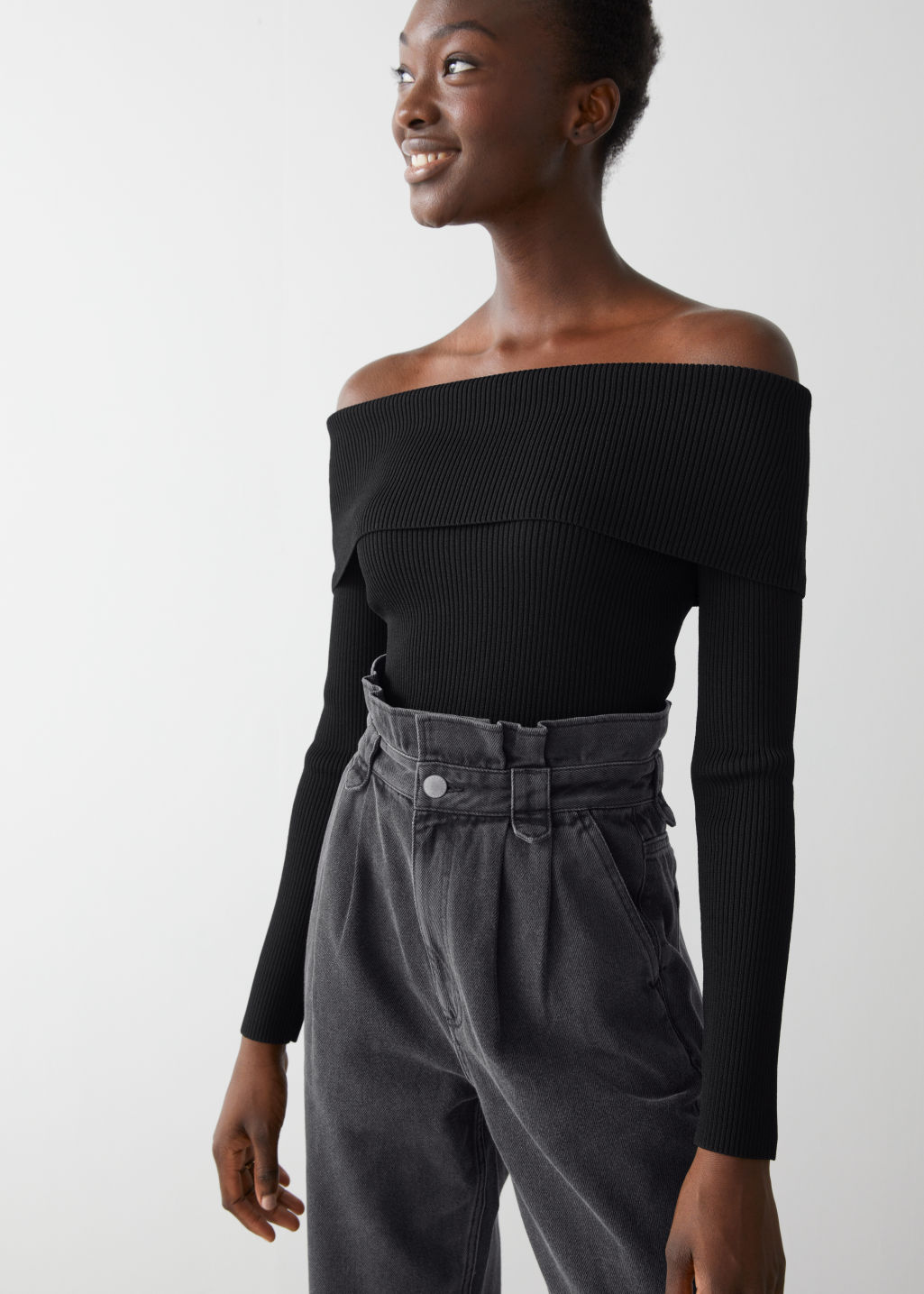 Fitted Off Shoulder Rib Top - Black - Sweaters - & Other Stories - Click Image to Close