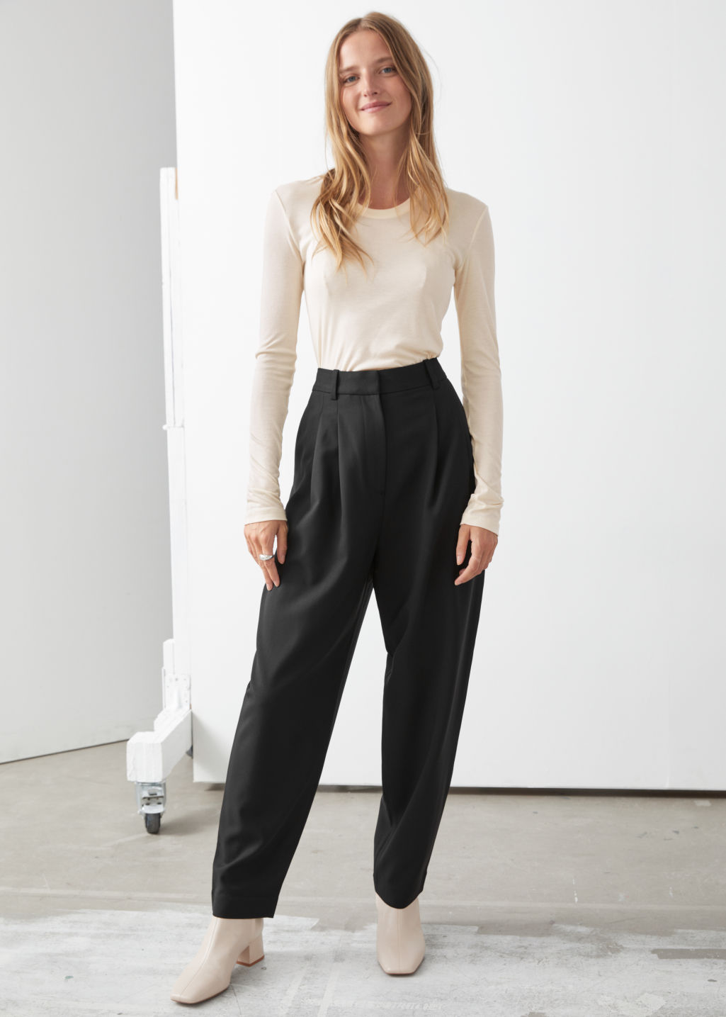 Tapered Wool Blend Trousers - Black - Trousers - & Other Stories - Click Image to Close