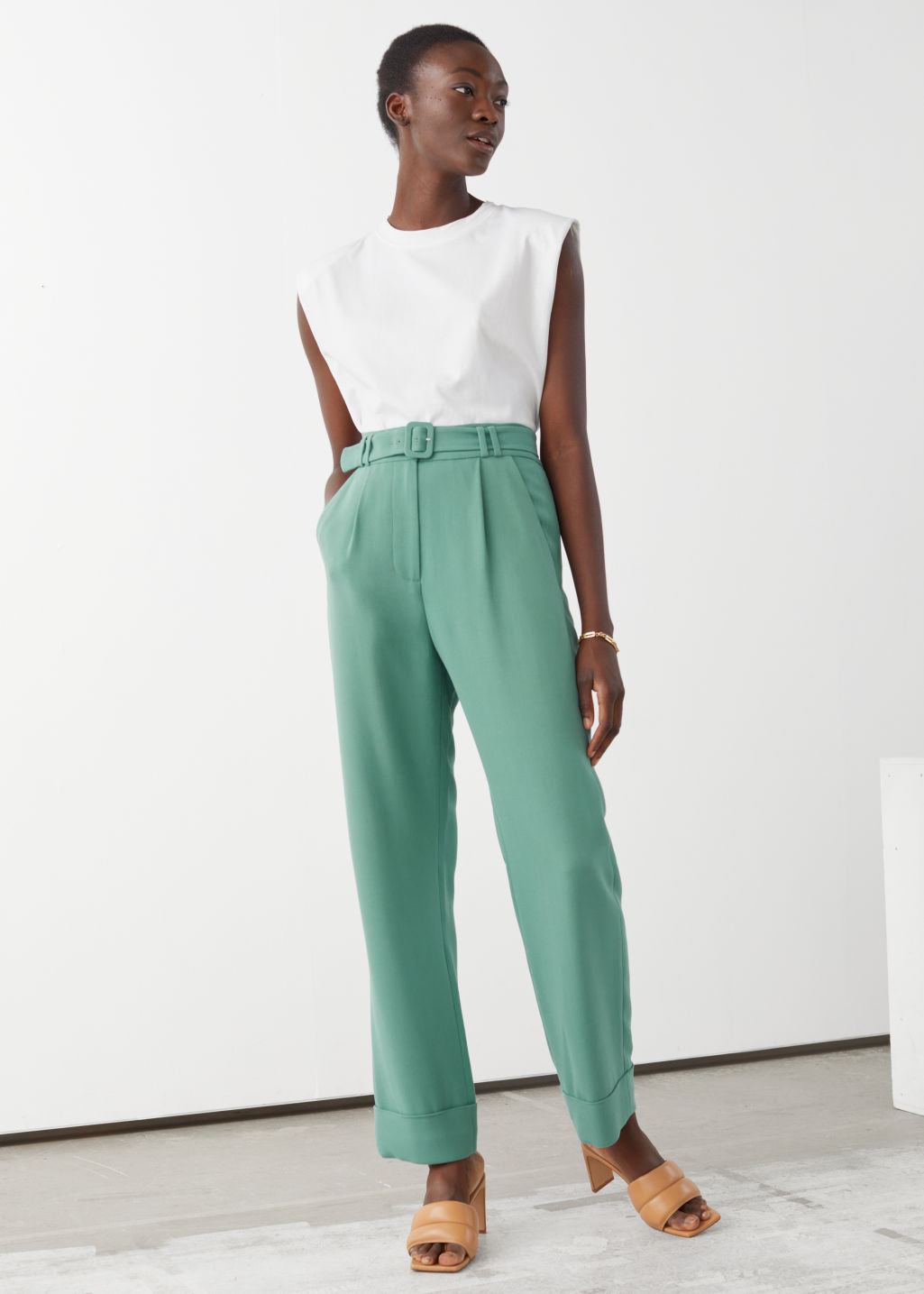 Belted High Waist Trousers - Green - Trousers - & Other Stories - Click Image to Close