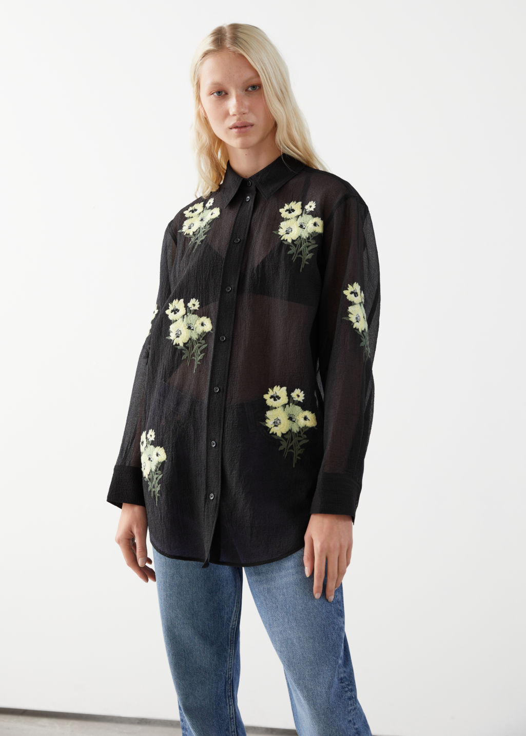 Oversized Floral Embroidery Shirt - Black - Shirts - & Other Stories