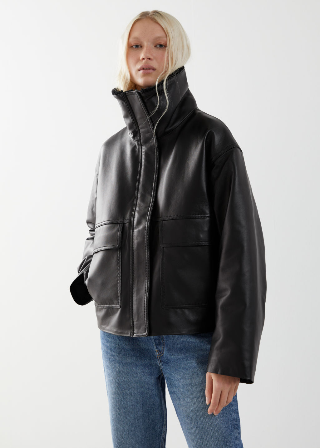Boxy Cropped Leather Shearling Jacket - Black - Leather jackets - & Other Stories - Click Image to Close