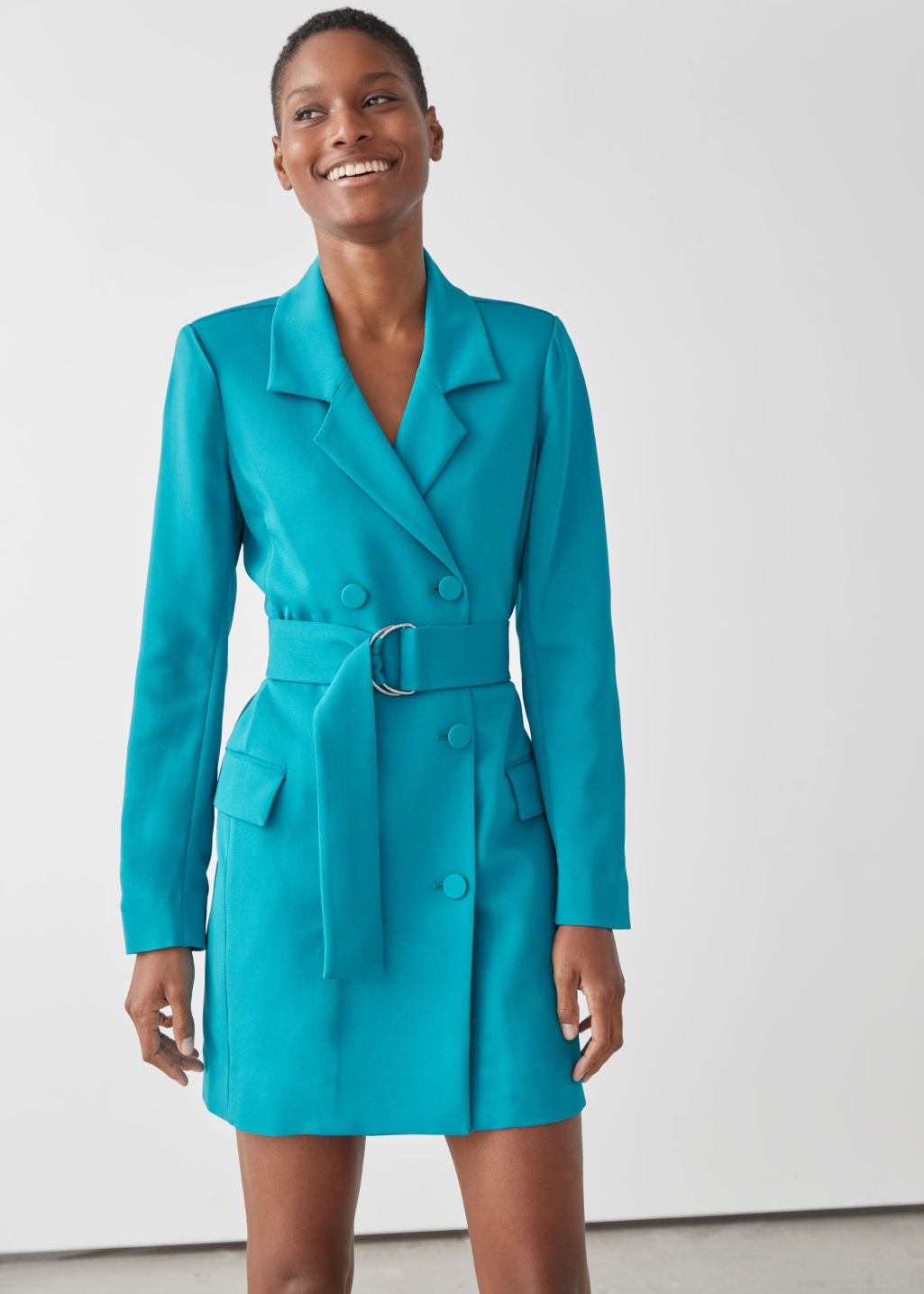 D-Ring Belted Mini Blazer Dress - Turquoise - Mini dresses - & Other Stories - Click Image to Close