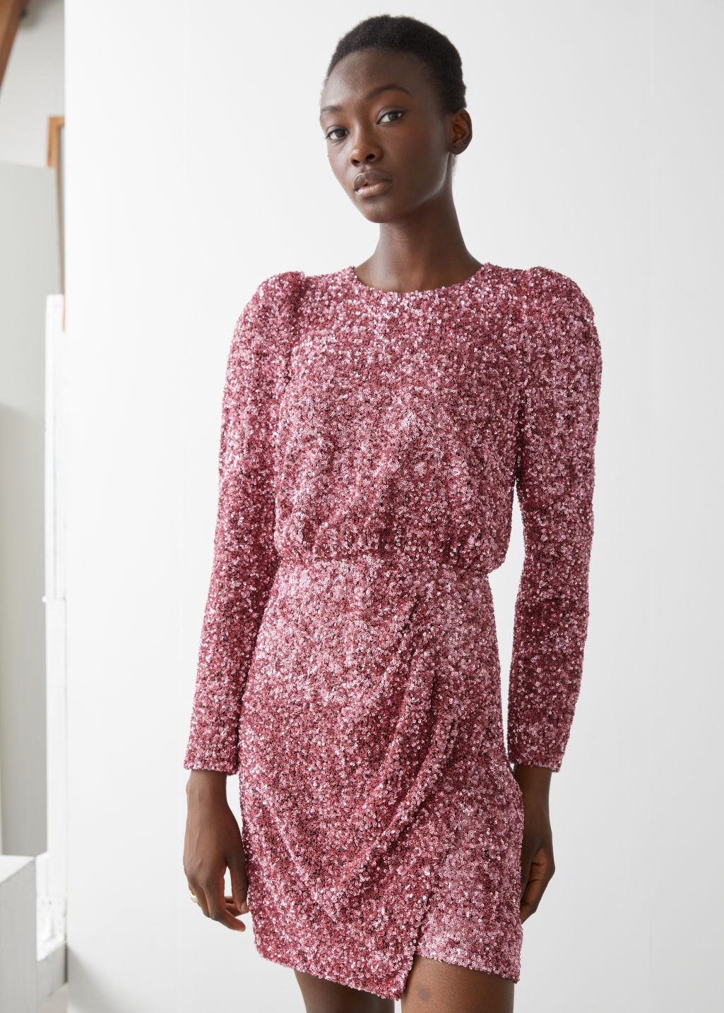 Padded Shoulder Sequin Dress - Pink Sequins - Mini dresses - & Other Stories
