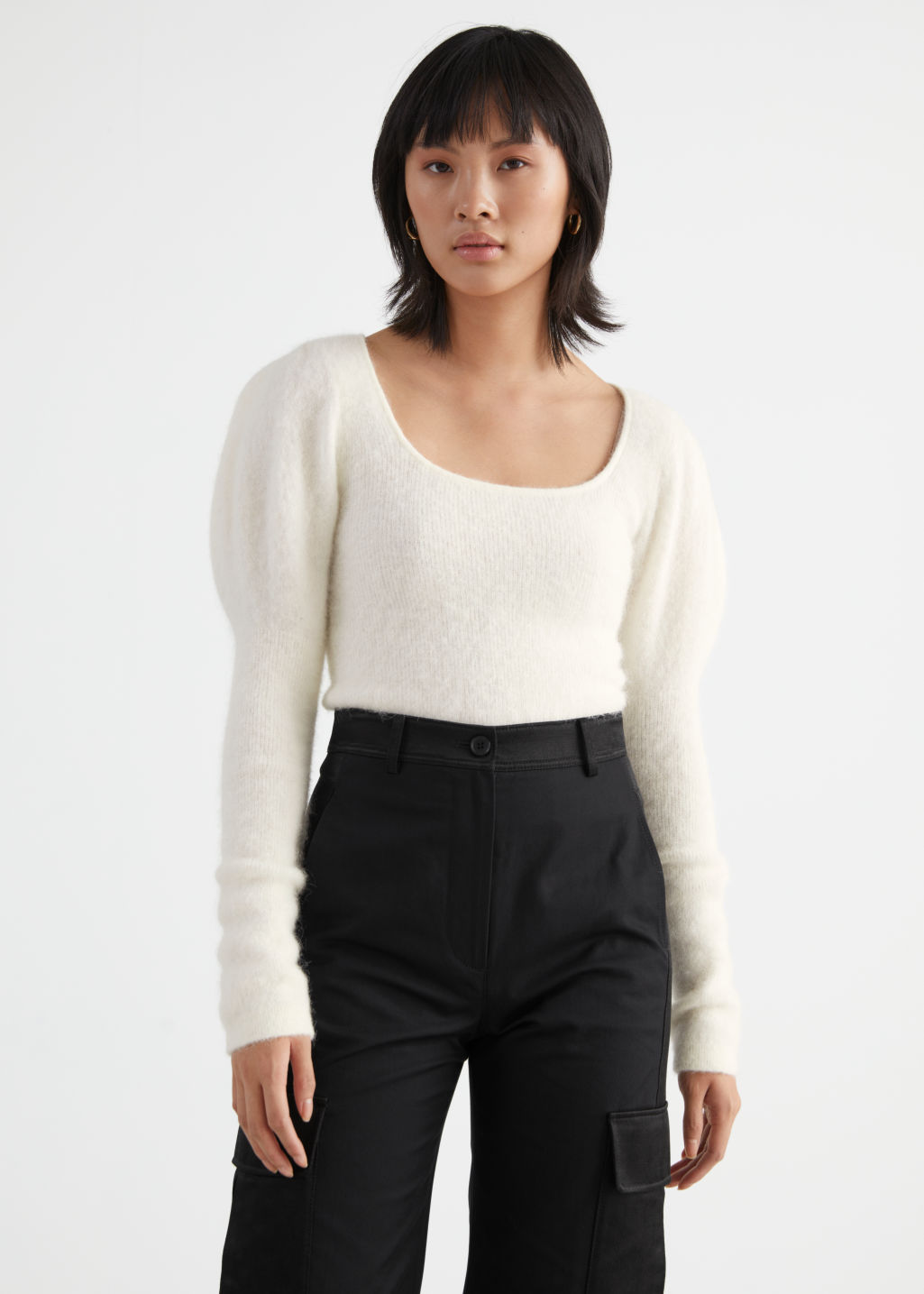 Fitted Alpaca Blend Puff Sleeve Top - White - Sweaters - & Other Stories