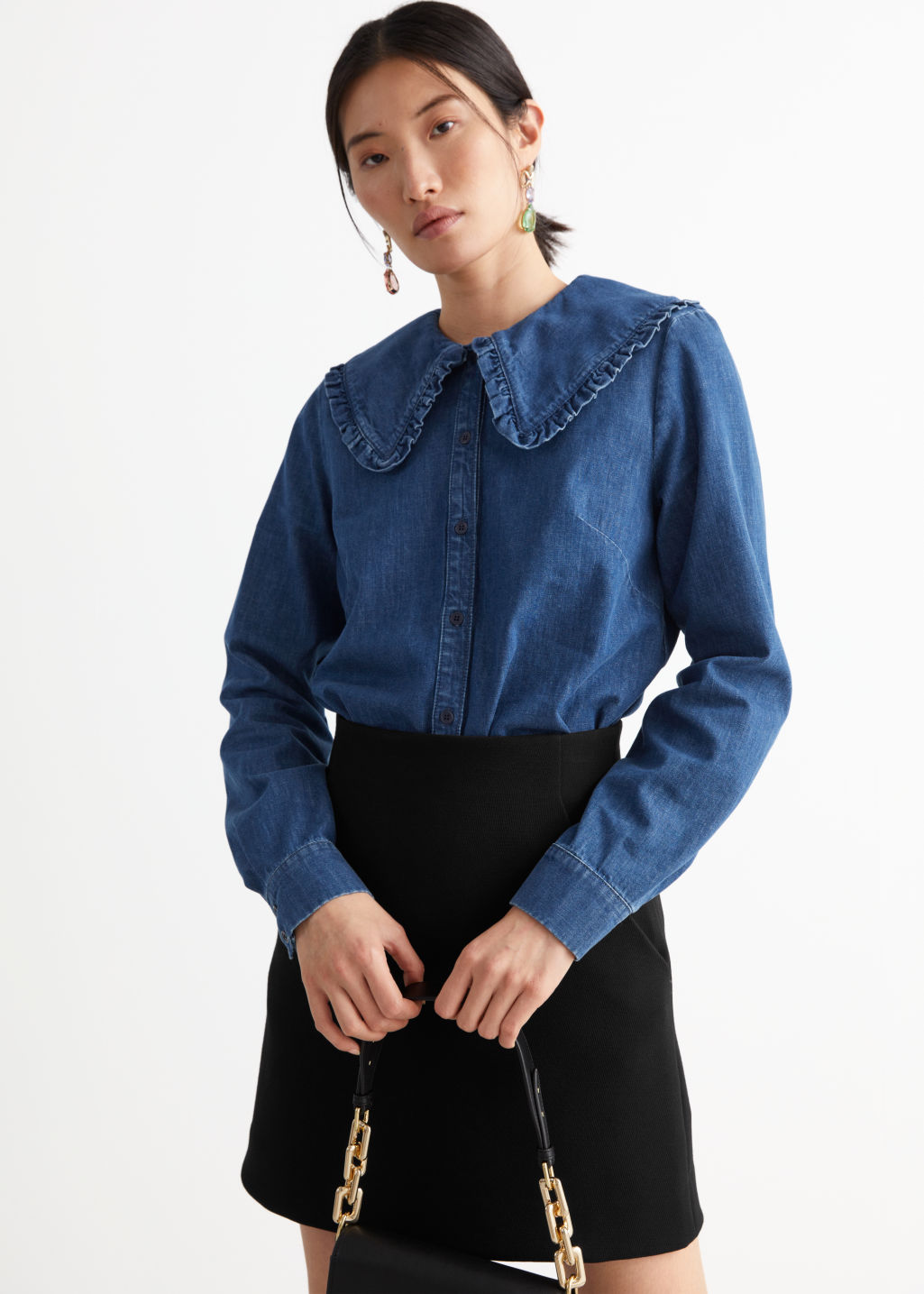 Ruffled Collar Cotton Denim Shirt - Mid Blue - Shirts - & Other Stories - Click Image to Close