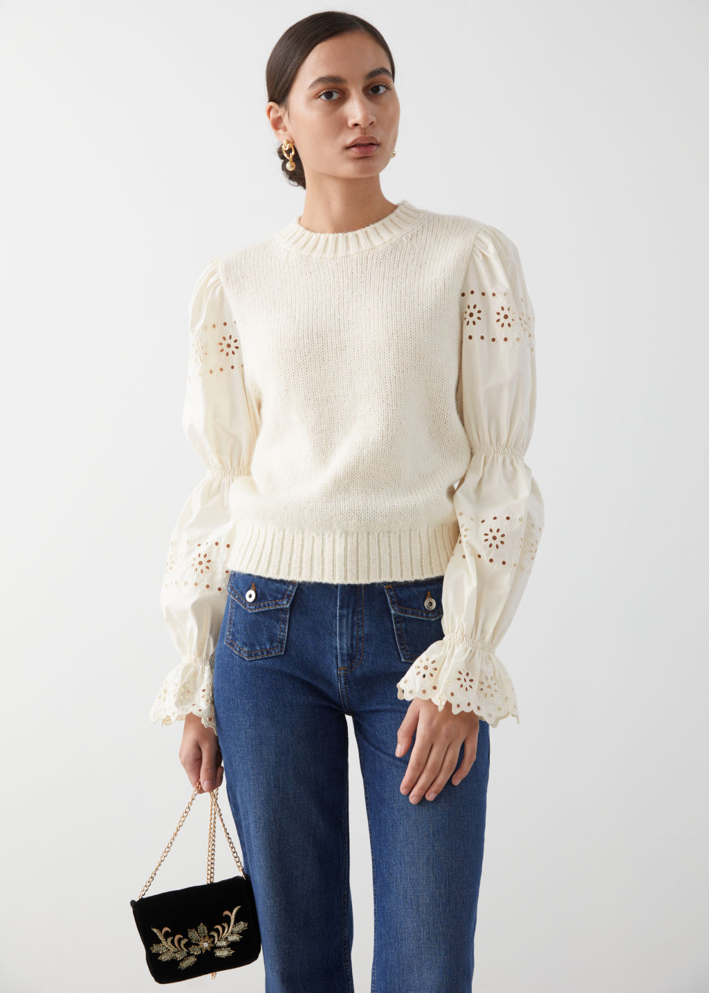 Embroidered Puff Sleeve Sweater - Cream - Sweaters - & Other Stories