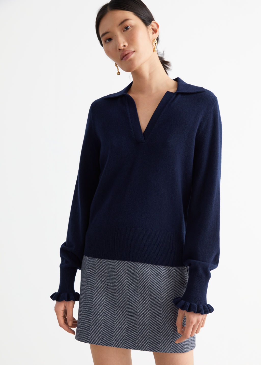 Ruffled Wool Knit Polo Sweater - Navy - Sweaters - & Other Stories