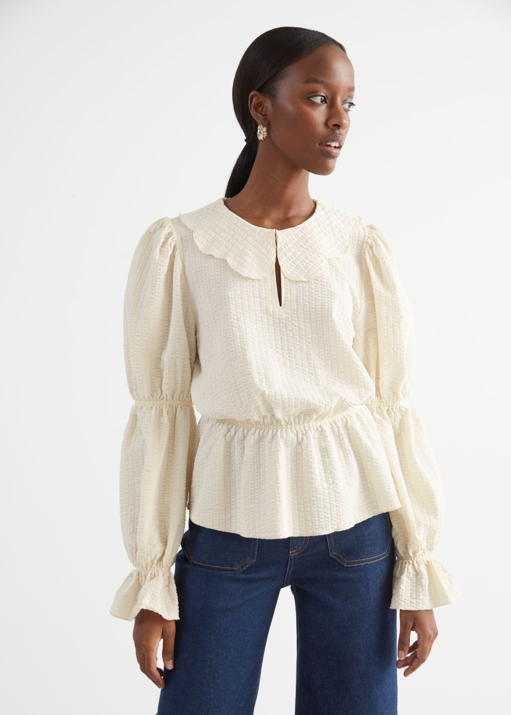 Waffled Scallop Collar Smock Top - Cream - Tops & T-shirts - & Other Stories