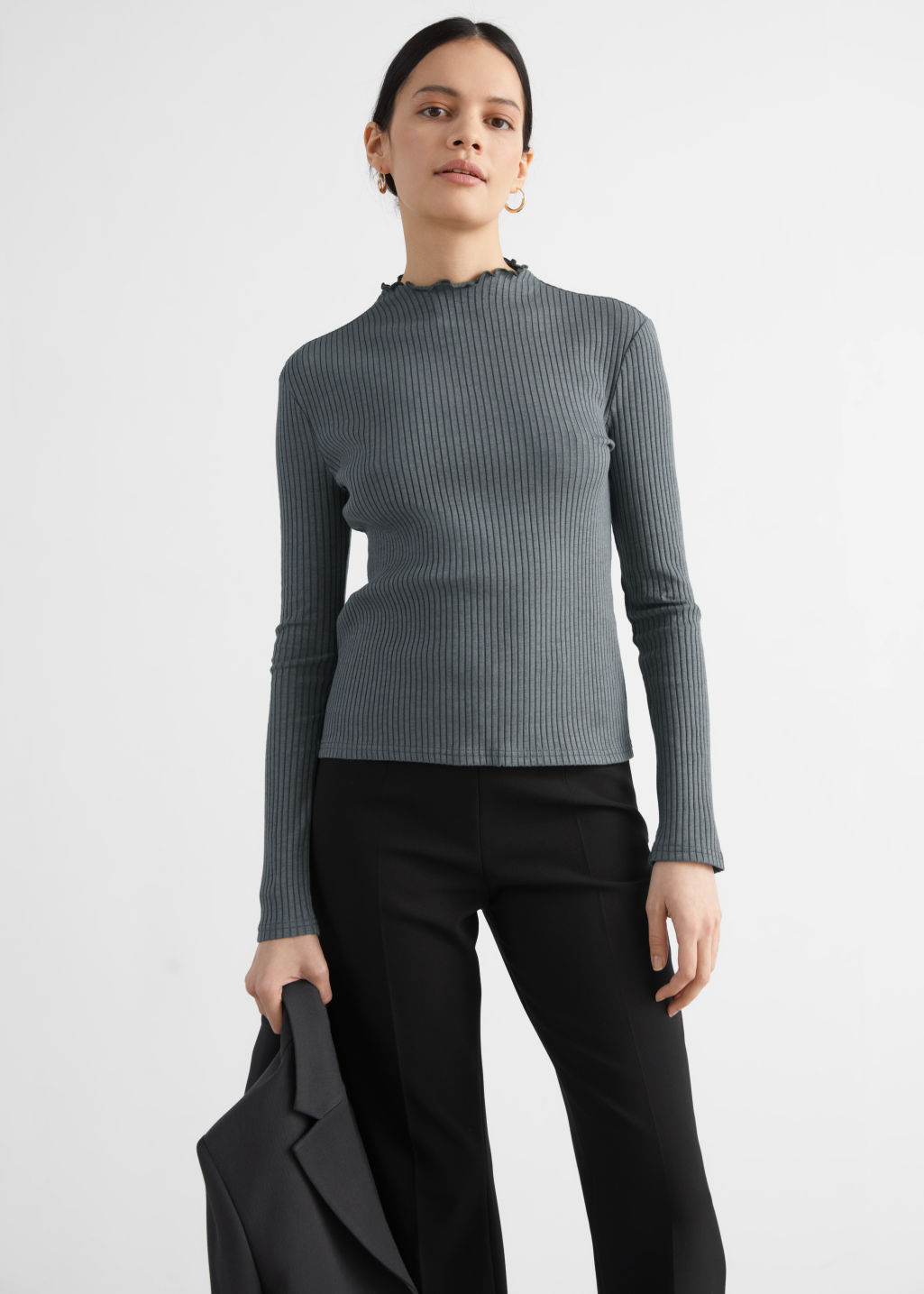 Fitted Frill Neck Rib Top - Grey - Tops & T-shirts - & Other Stories