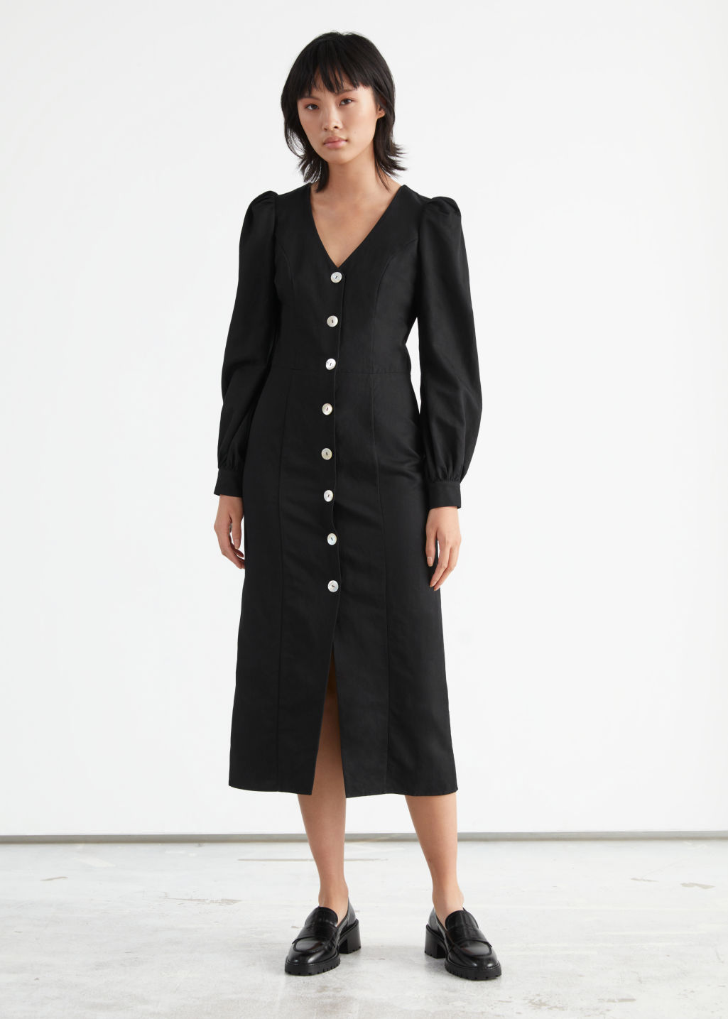 Buttoned Puff Sleeve Midi Dress - Black - Midi dresses - & Other Stories