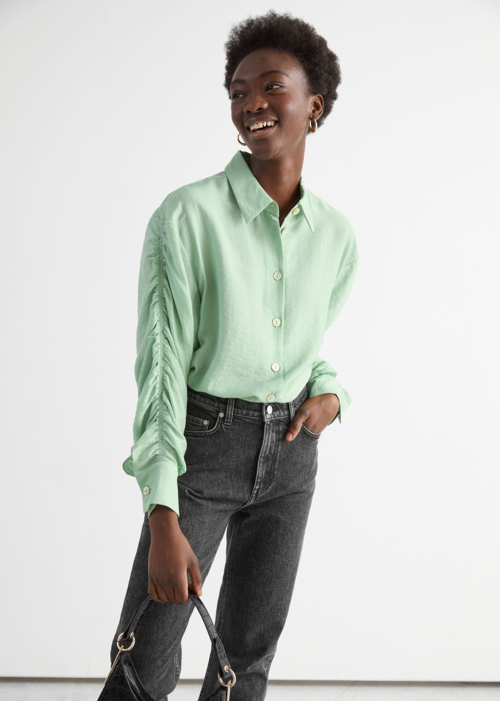 Shell Button Satin Blouse - Light Green - Blouses - & Other Stories