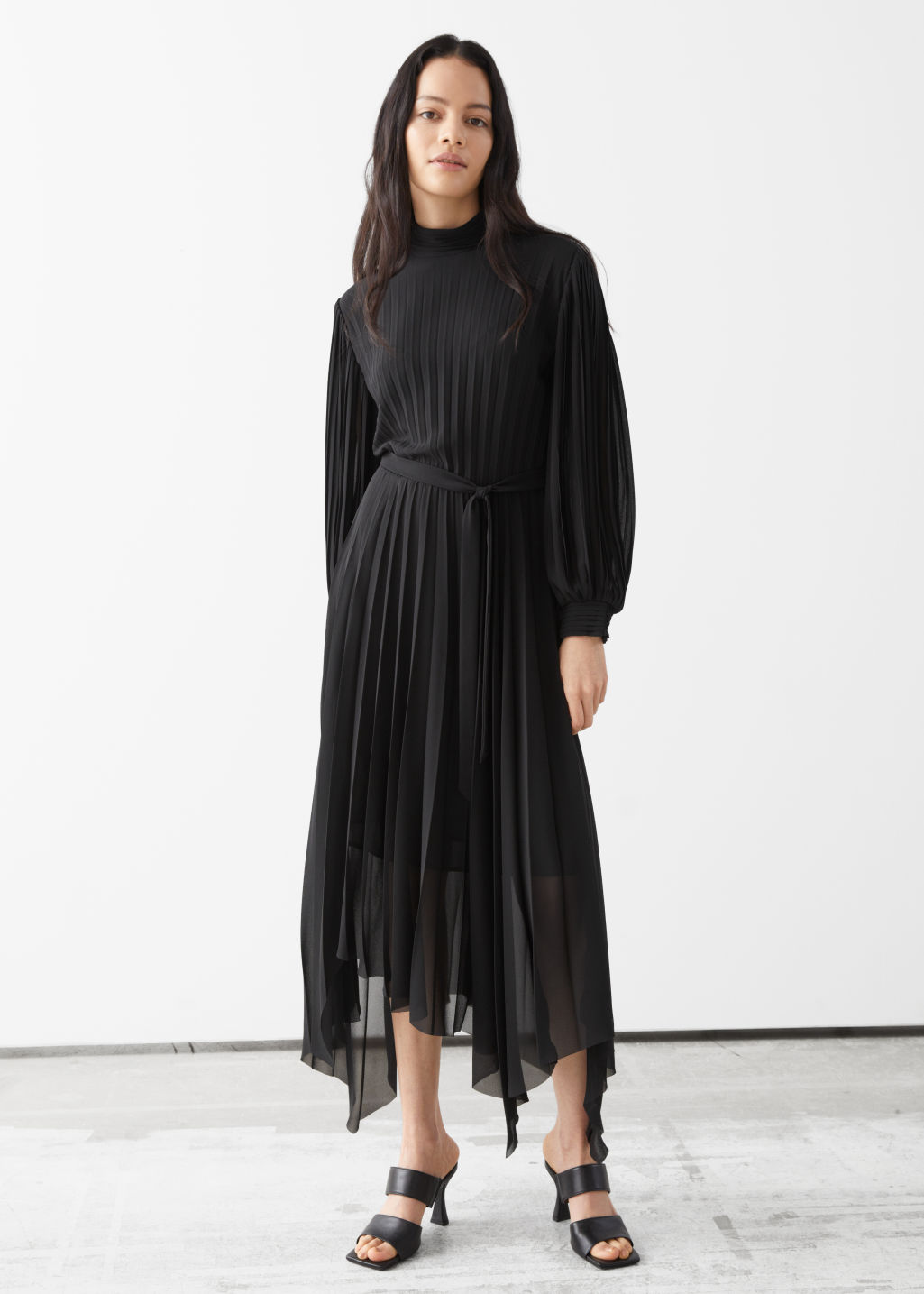 Belted Pleated Asymmetric Midi Dress - Black - Midi dresses - & Other Stories