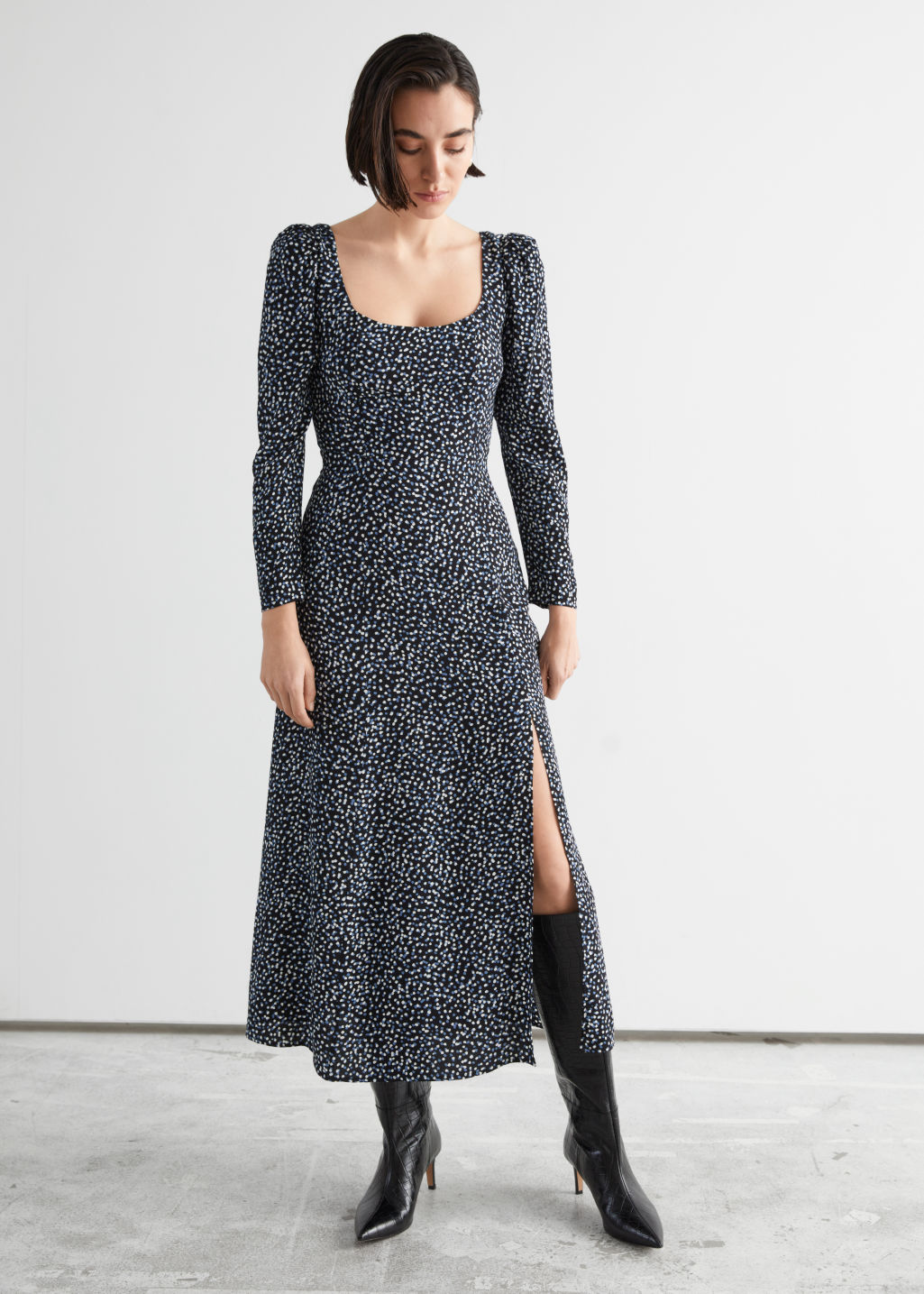 Scoop Neck Puff Shoulder Midi Dress - Black Print - Midi dresses - & Other Stories - Click Image to Close