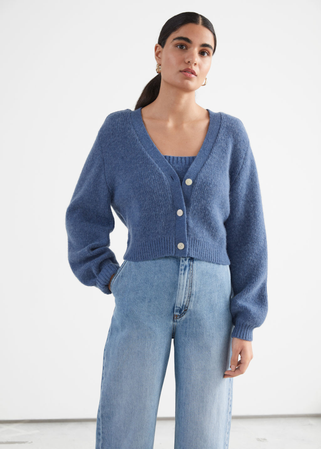Cropped Boxy Knit Cardigan - Blue - Cardigans - & Other Stories
