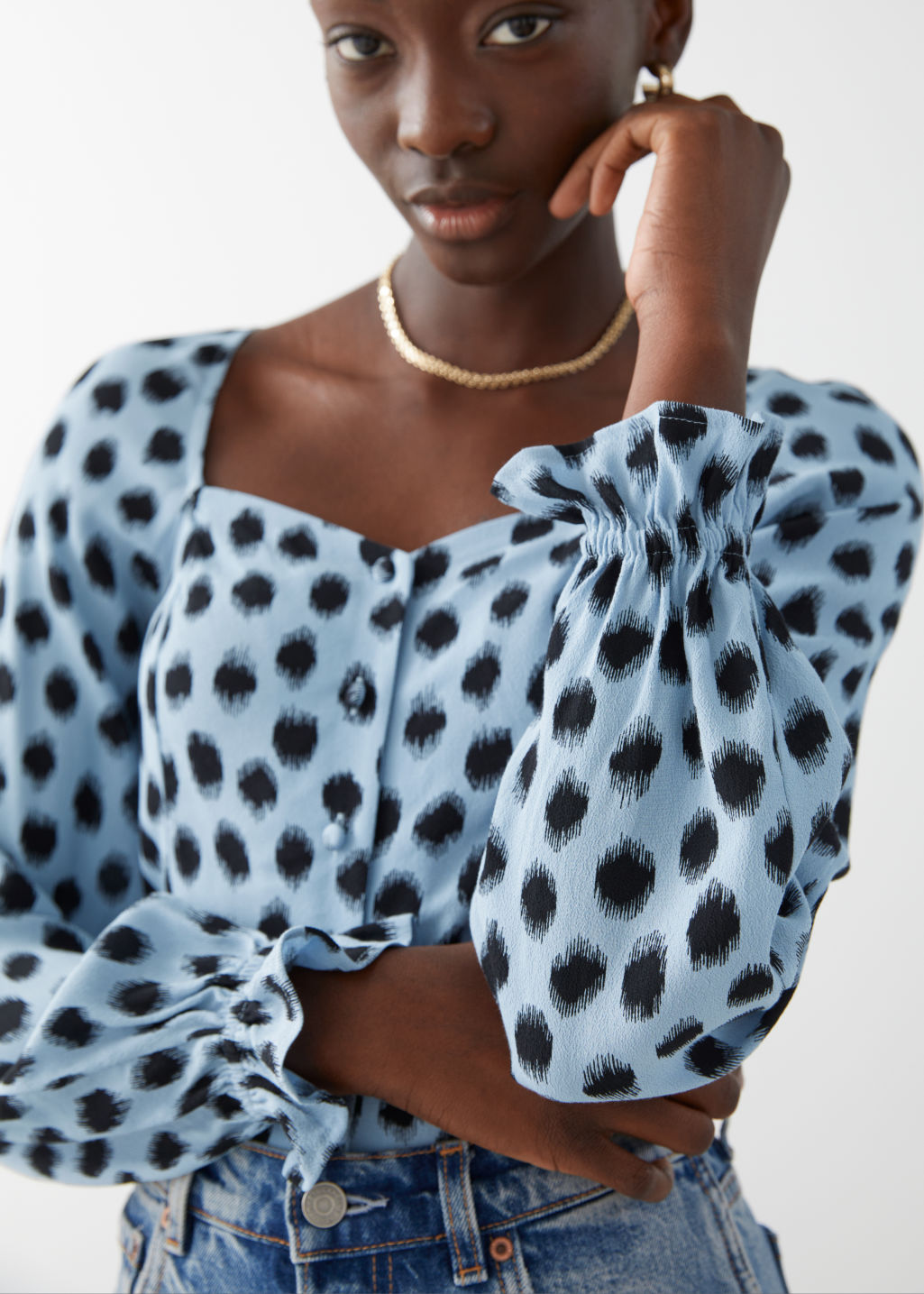 Ruffled Cuff Button Up Top - Black Dots - Blouses - & Other Stories