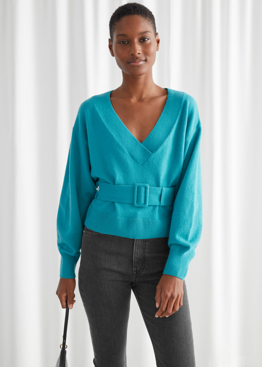 Oversized Belted V-Cut Sweater - Turquoise - Sweaters - & Other Stories
