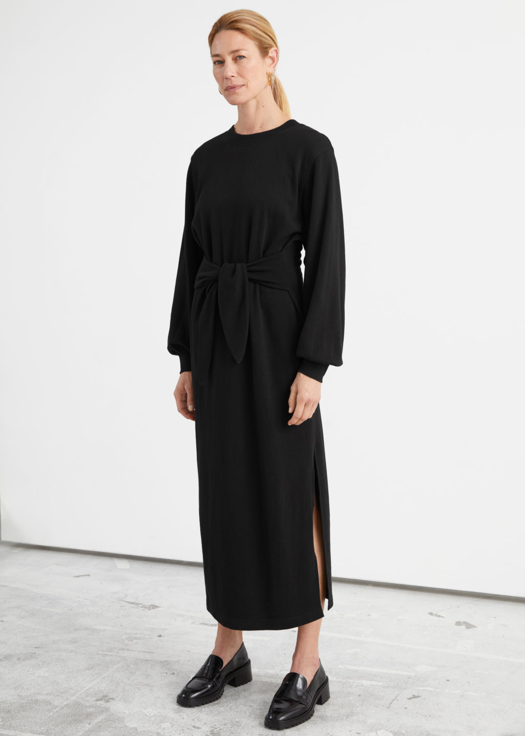 Relaxed Belted Cotton Midi Dress - Black - Midi dresses - & Other Stories