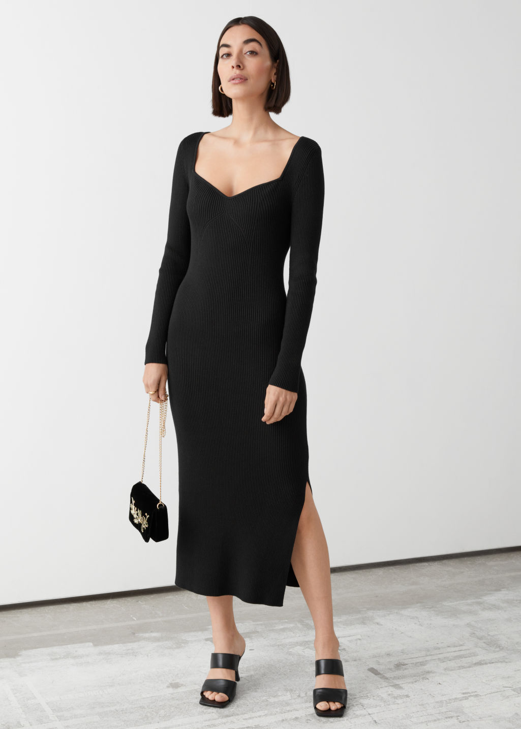 Ribbed Sweetheart Neck Bustier Midi Dress - Black - Midi dresses - & Other Stories