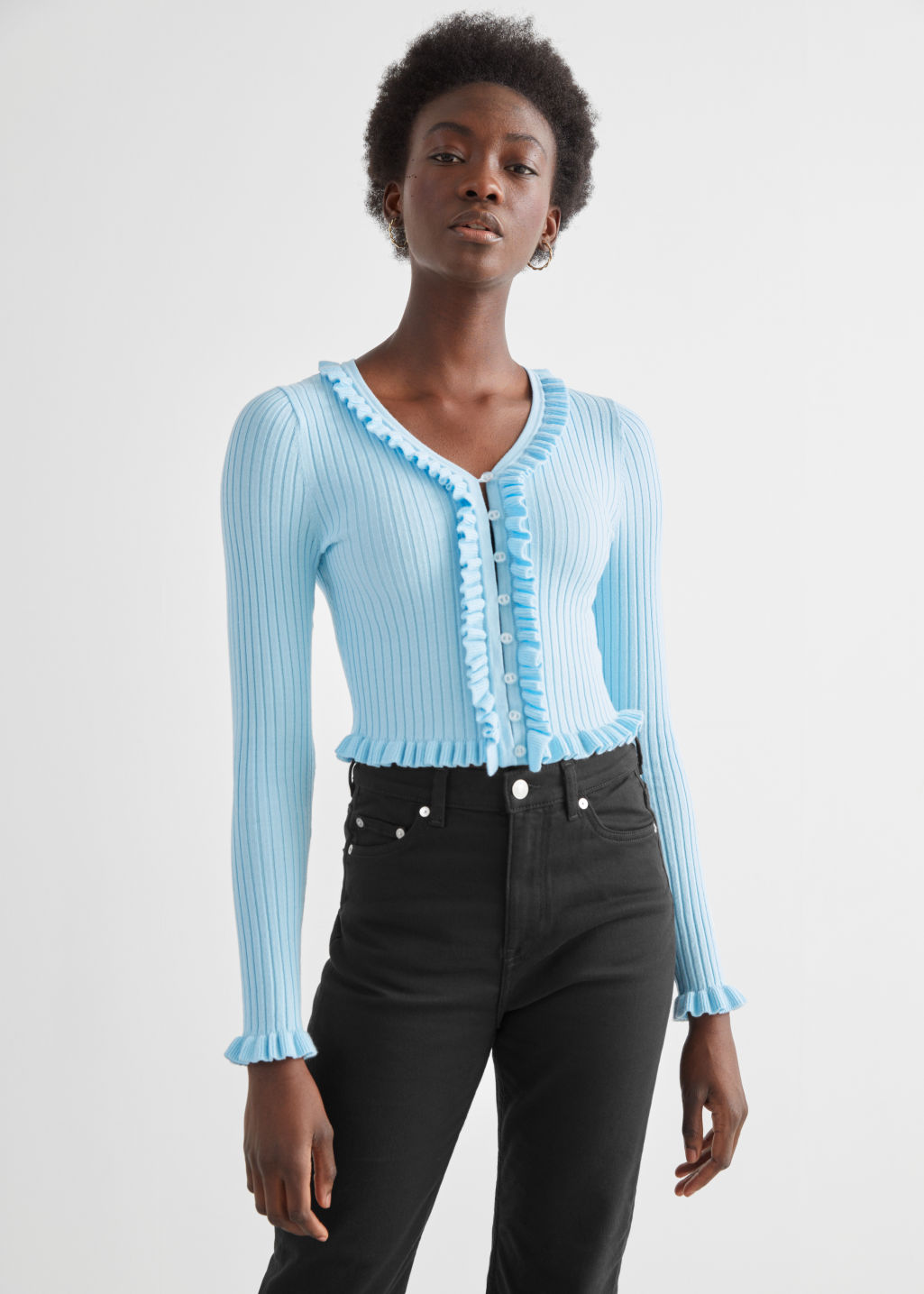 Fitted Ribbed Ruffle Top - Light Blue - Cardigans - & Other Stories - Click Image to Close
