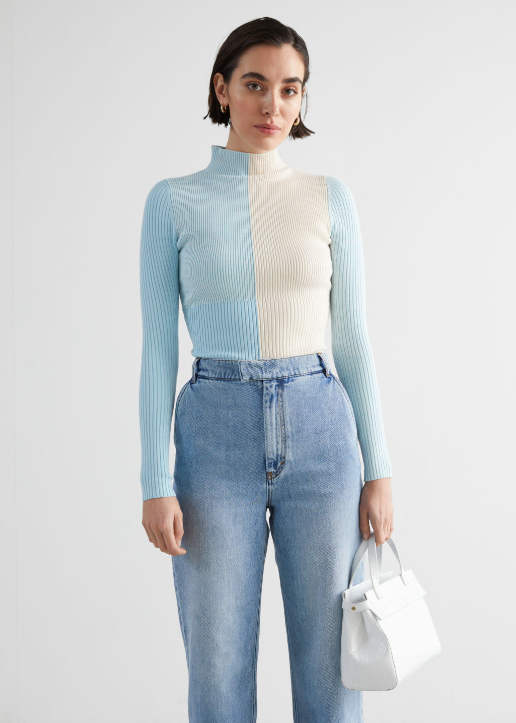 Mock Neck Colour Block Rib Sweater - Blue Cream - Sweaters - & Other Stories