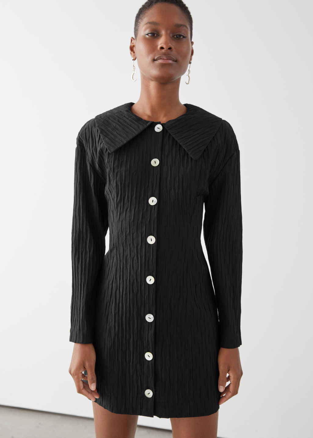 Textured Button Up Hourglass Mini Dress - Black - Mini dresses - & Other Stories