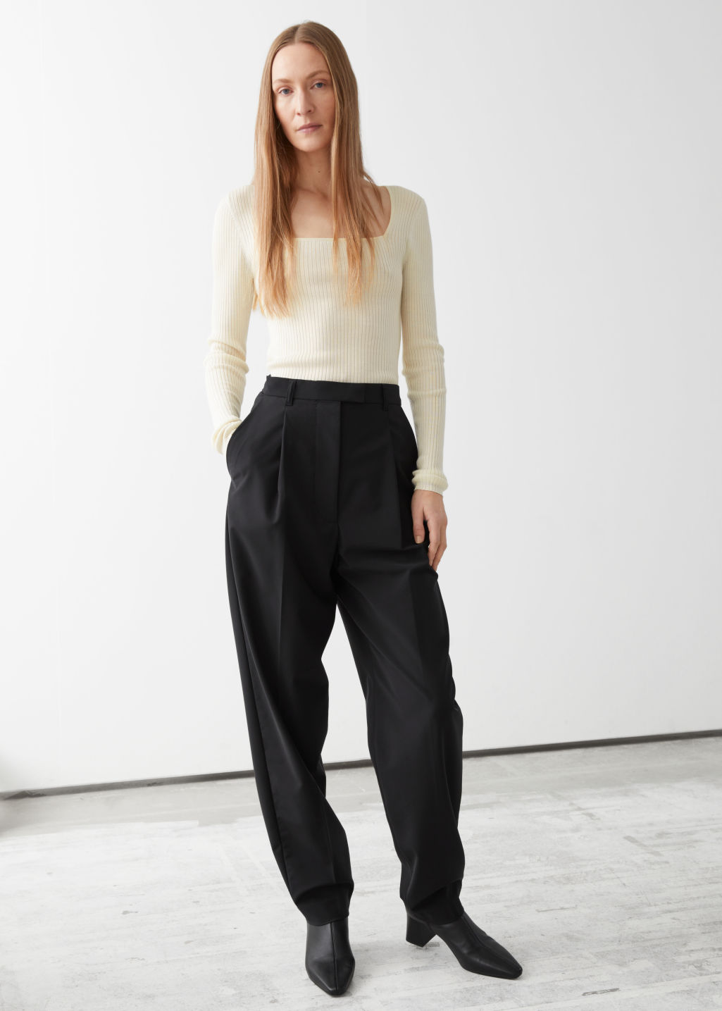 Tapered Wool Blend Press Crease Trousers - Black - Tapered - & Other Stories - Click Image to Close