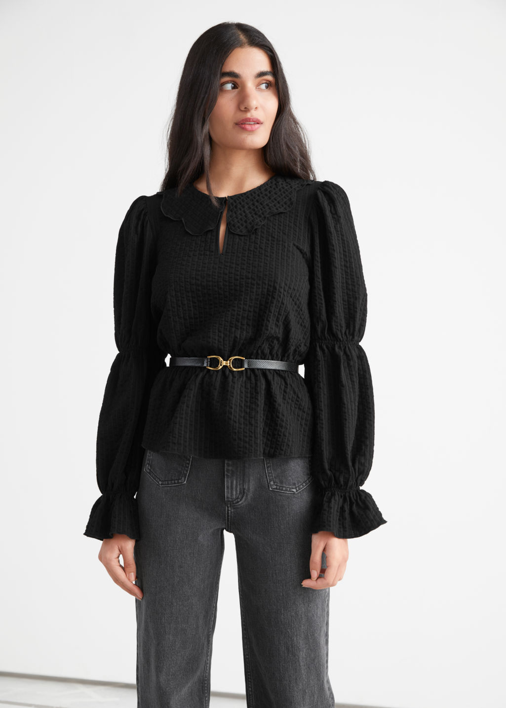 Waffled Scallop Collar Top - Black - Tops & T-shirts - & Other Stories - Click Image to Close