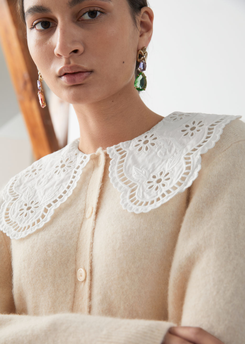 Embroidered Statement Collar Knit Cardigan - Cream - Cardigans - & Other Stories