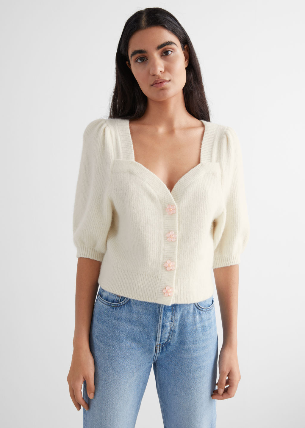 Floral Button Puff Sleeve Cardigan - Cream - Cardigans - & Other Stories