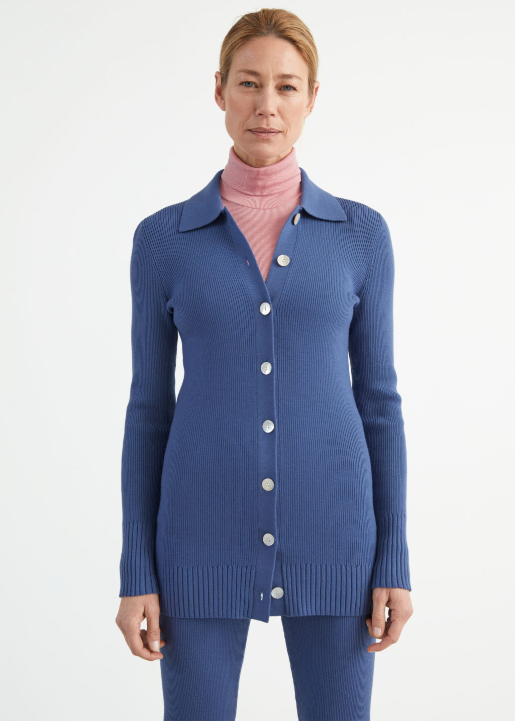 Long Fitted Rib Knit Cardigan - Blue - Cardigans - & Other Stories