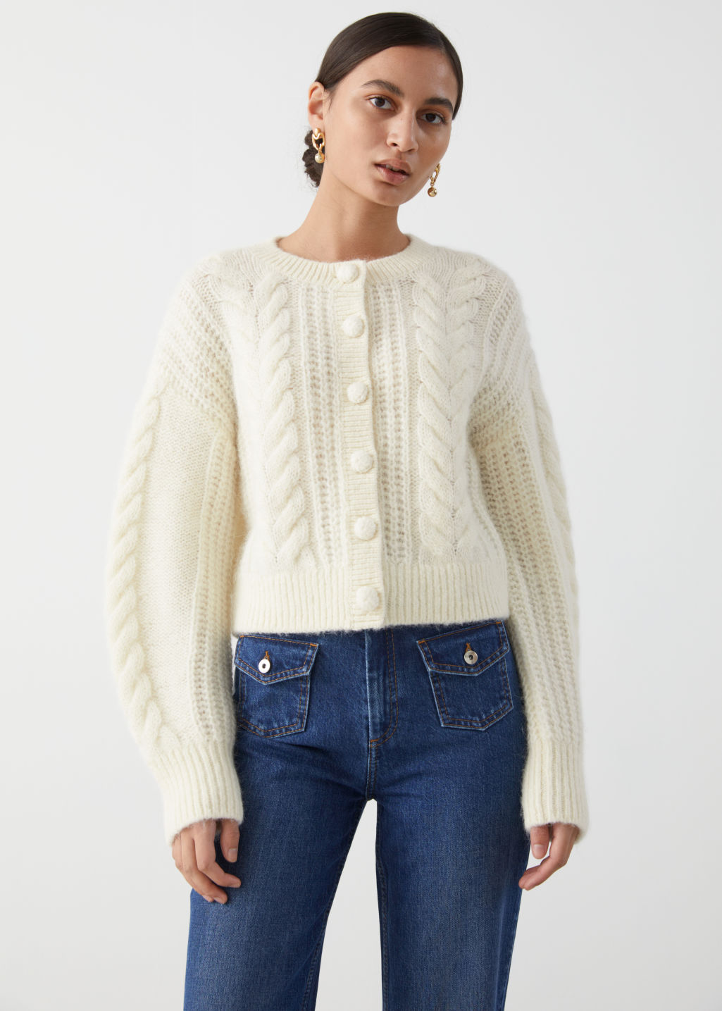 Cropped Cable Knit Cardigan - White - Cardigans - & Other Stories - Click Image to Close