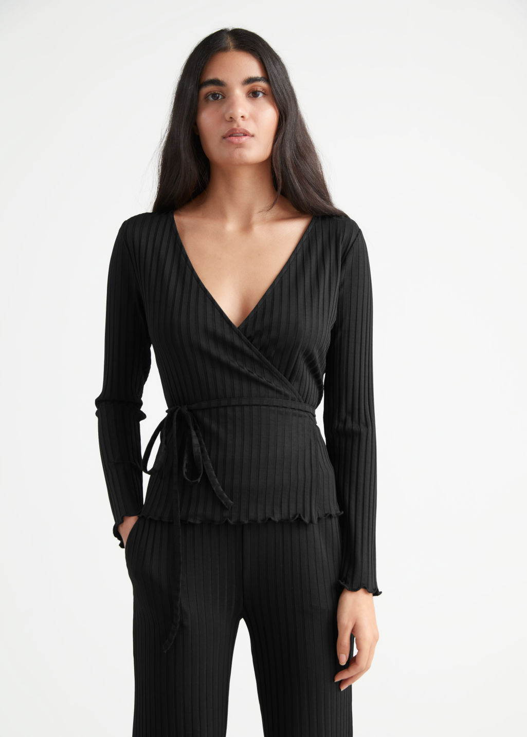 Fitted Ribbed Wrap Top - Black - Tops & T-shirts - & Other Stories