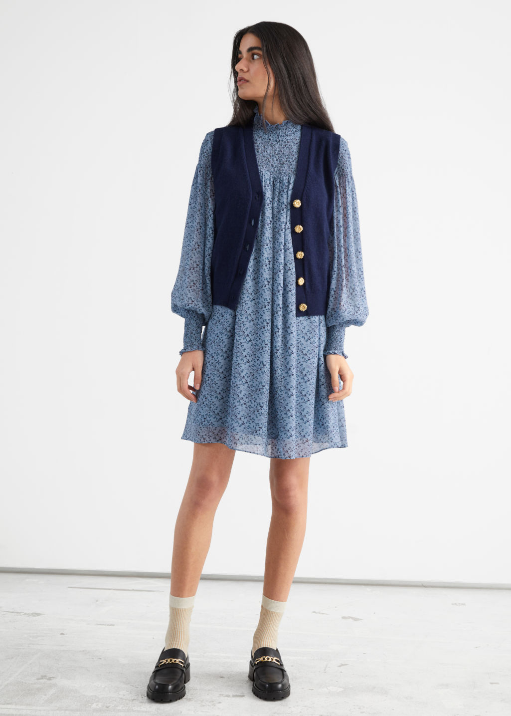 Sheer Smocked Mini Dress - Blue Print - Mini dresses - & Other Stories